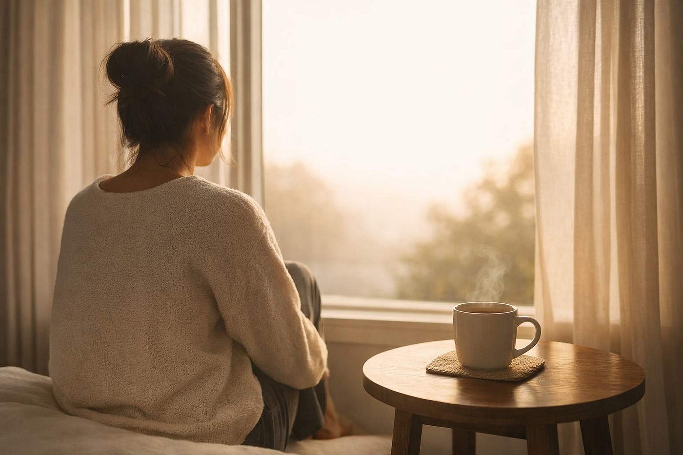 Person resting in a sunlit room with a cup of tea